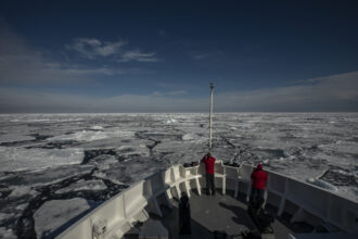 A view of pack ice floating on the ocean near the Svalbard archipelago, in the Arctic Ocean north of Norway on July 14, 2022. Credit: Sebnem Coskun/Anadolu Agency via Getty Images