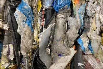 Baled plastic at the Brightmark chemical recycling plant in Indiana in July. The plant is designed to turn plastic waste into diesel fuel, naphtha and wax. Credit: James Bruggers