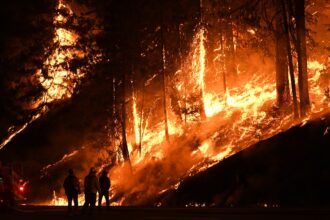 Firefighters use a back burn to try and control the Carr fire as it spreads towards the towns of Douglas City and Lewiston near Redding, California on July 31, 2018. The fire swept over the Iron Mountain Mine Superfund site, threatening to release corrosive chemicals into the watershed and contaminate Redding's water supply. Two firefighters were killed fighting the blaze and a 70 year old woman and her two great-grandchildren perished when their Redding home was swallowed by the flames. Credit: Mark Ralston/AFP via Getty Images