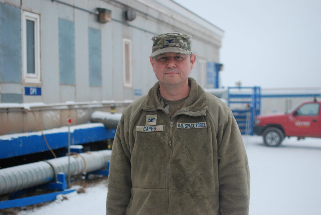 Col. Brian Capps, the base’s commander, stands outside one of the buildings at Thule Air Base on Sept. 25, 2022. Credit: Natasha Jessen-Petersen