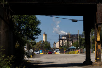 The U.S. Steel Corporation Gary Works, Tennessee St. gate, in Gary, Indiana, in September. The Gary Works was the largest greenhouse gas emitting iron and steel plant in the U.S. in 2022 with 10.3 million metric tons of carbon dioxide emissions. Credit: Vincent D. Johnson / for Inside Climate News