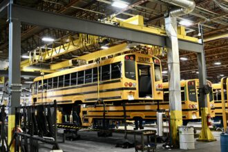 Electric school buses on the assembly line