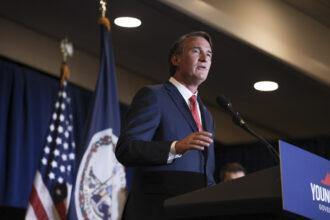 Glenn Youngkin speaks during an election-night rally at the Westfields Marriott Washington Dulles on Nov. 2, 2021 in Chantilly, Virginia. Credit: Anna Moneymaker/Getty Images