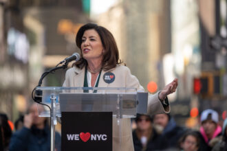 New York Gov. Kathy Hochul speaks at the campaign launch event for 'We Love NYC' in Times Square on March 20, 2023 in New York City. Credit: Alexi Rosenfeld/Getty Images