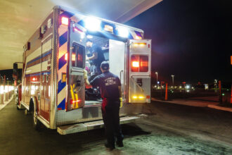 A Fire Rescue ambulance at Mt. Sinai Medical Center hospital in Miami Beach. A study found that some zip codes in Miami had more than four times the number of emergency room visits and hospitalizations related to heat compared with other neighborhoods, a disparity that correlated somewhat with the distribution of formerly redlined neighborhoods. Credit: Jeffrey Greenberg/Education Images/Universal Images Group via Getty Images.