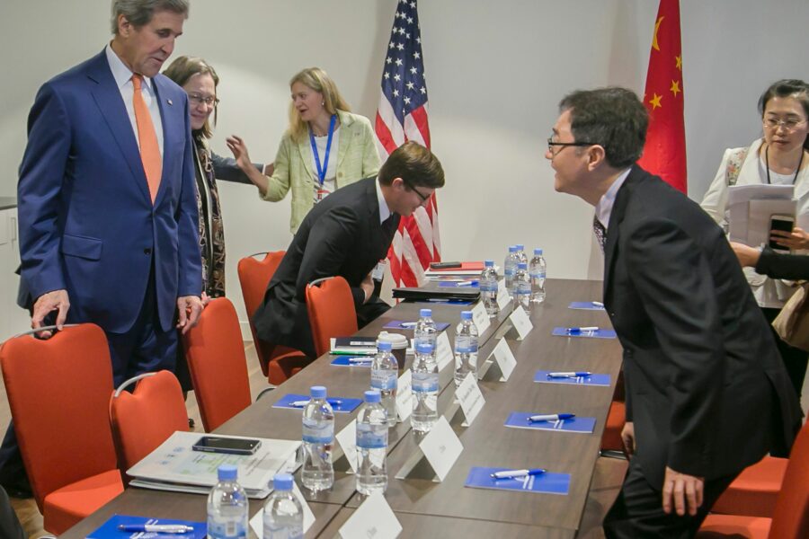 Former Secretary of State John Kerry and Chinese Deputy Minister of Environmental Protection Zhai Qing arrive for a bilateral meeting on the sidelines of the 28th Meeting of the Parties to the Montreal Protocol in Kigali on October 14, 2016. Credit: Cyril Ndegeya/AFP via Getty Images