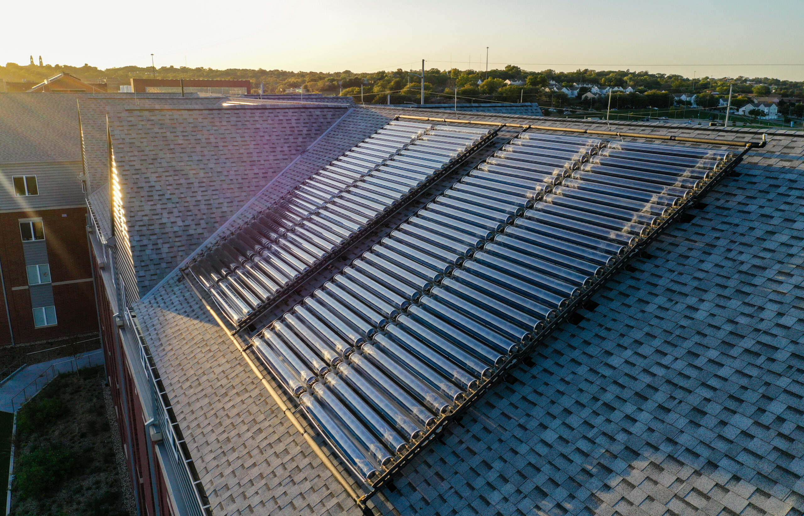 A new residence hall at Creighton University has a solar water heater. Pictured is one of two groups of solar collectors on the roof. Credit: Naked Energy