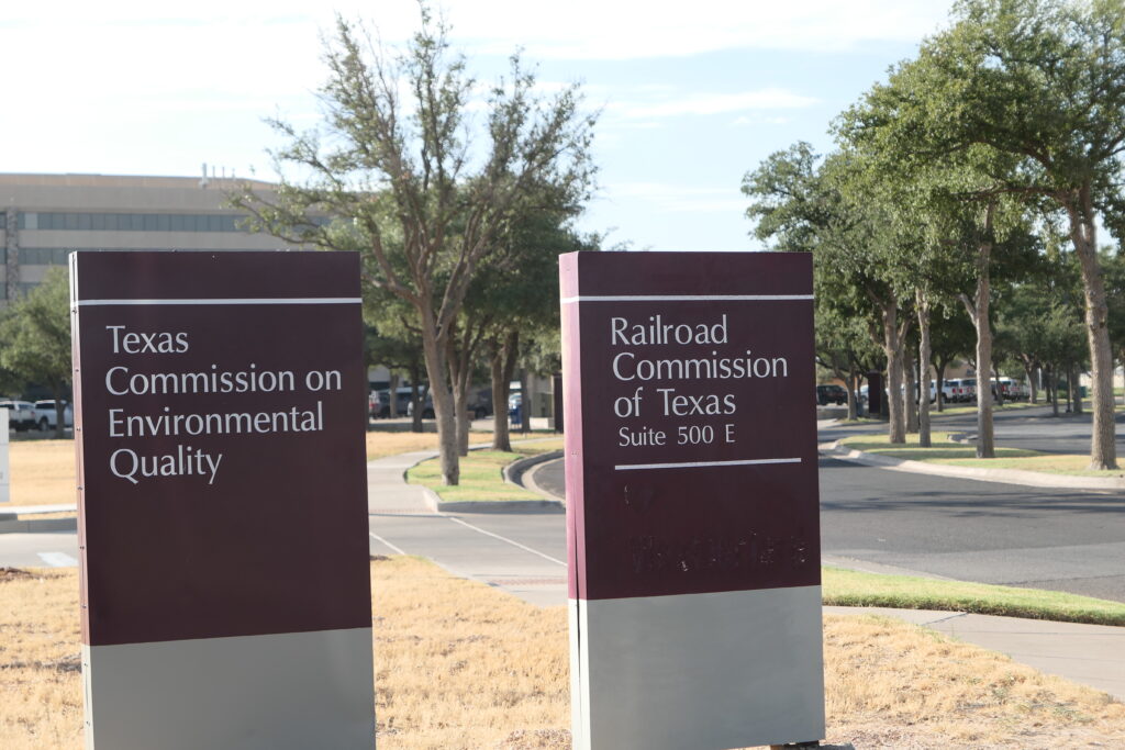 The Railroad Commission of Texas (RRC) and Texas Commission on Environmental Quality (TCEQ) district offices occupy the same office building in Midland, Texas. The TCEQ now oversees permitting for produced water discharges in Texas. Credit: Martha Pskowski/Inside Climate News