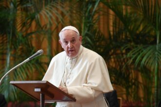 Pope Francis addresses the meeting "Faith and Science: Towards COP26" on Oct. 4, 2021 in The Vatican, sending an appeal to participants in the 26th United Nations Climate Change Conference, also known as COP26, scheduled from November 1 to 12 in Glasgow, Scotland. Credit: Alessandro Di Meo/Pool/AFP via Getty Images