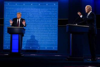 Then-President Donald Trump and candidate Joe Biden exchange remarks during the first debate of the 2020 presidential election, at Case Western Reserve University in Cleveland, Ohio on Tuesday, Sept. 29, 2020. Credit: Melina Mara/The Washington Post via Getty Images