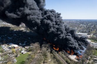 A fire Tuesday at a plastics recycling plant in Richmond, Indiana, forced the evacuation of 2,000 nearby residents. Credit: Kevin Shook/Global Media Enterprise.