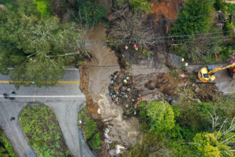 A road washed away on North Main Street of Santa Cruz during atmospheric river in California, United States on March 10, 2023. Credit: Tayfun Coskun/Anadolu Agency via Getty Images