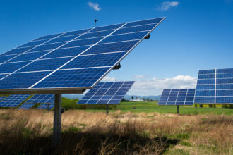 Solar tracker panels follow the sun's path on May 17, 2014 on a Champlain Valley dairy farm near West Haven, Vermont. Credit: Robert Nickelsberg/Getty Images