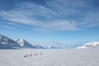 The Climate Sentinels team of female scientists ski Kfjellströmdalen, a 25-kilometer-long valley in Nordenskiöldland, Svalbard. The team traversed Svalbard's Spitsbergen Island to sample the snow and study the effects of black carbon on the Arctic island. Credit: Heïdi Sevestre