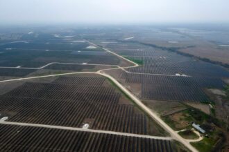 An aerial view of the ENGIE Sun Valley Solar project in Hill County, Texas, on March 1, 2023. Credit: Mark Felix/AFP via Getty Images