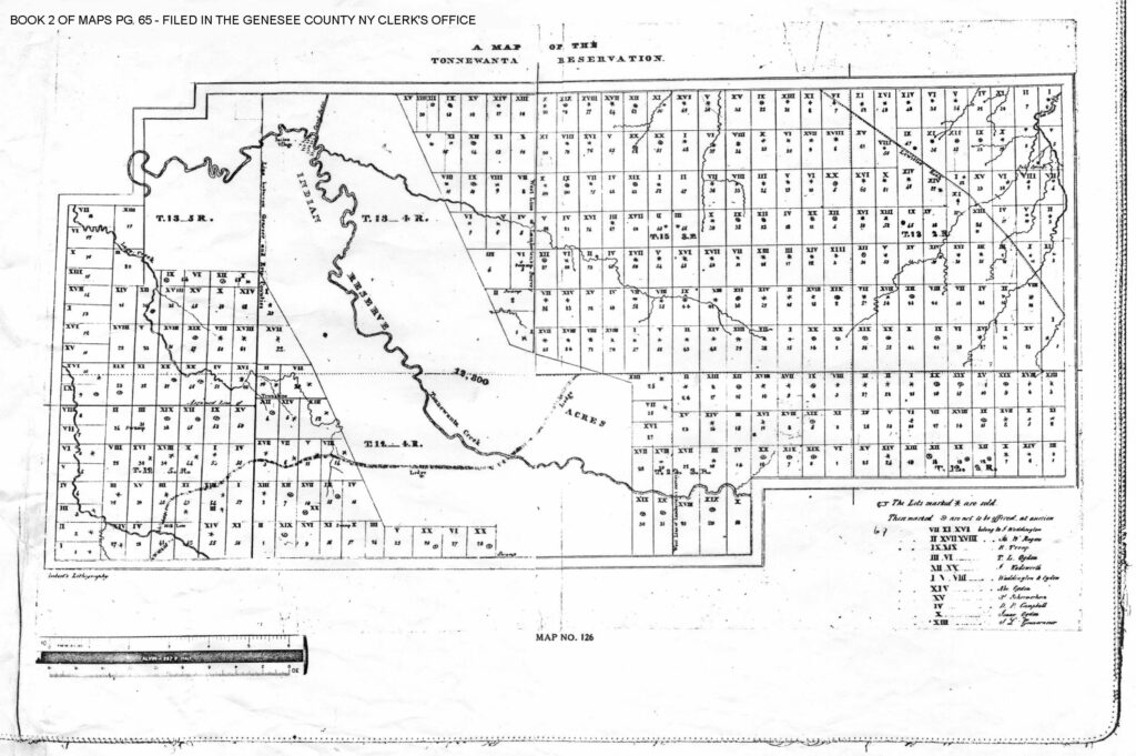 The Tonawanda Indian Reservation originally covered 70 square miles, but a series of 19th century treaties shrank and eventually eliminated the reservation, giving the land to a private company. The Tonawanda Seneca contested the treaties and won a favorable Supreme Court ruling. This only allowed them to buy back a portion of the original reservation, however, shown here in white, with the rest sold off. Credit: Photo courtesy of Scott Logan