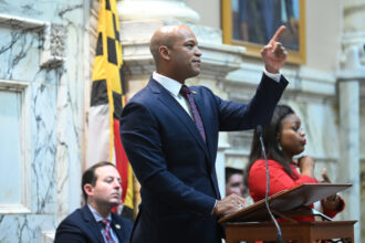 Maryland Gov. Wes Moore gives his first State of the State address at the Maryland State House on Wednesday, Feb. 1, 2023 in Annapolis, Maryland. Credit: Matt McClain/The Washington Post via Getty Images