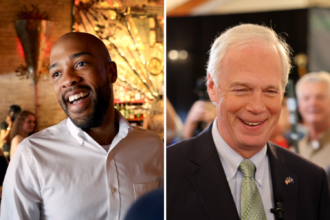 LEFT: Wisconsin Lt. Gov. Mandela Barnes, who is running to become the Democratic nominee for the U.S. Senate, greets guests during a campaign event at The Wicked Hop on Aug. 7, 2022 in Milwaukee, Wisconsin. Credit: Scott Olson/Getty Images RIGHT: Sen. Ron Johnson (R-Wisc.) arrives a rally on Oct. 25, 2022 in Waukesha, Wisconsin. Credit: Scott Olson/Getty Images