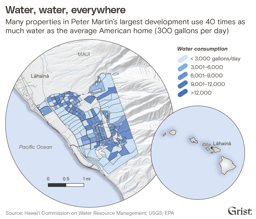 Many properties in Peter Martin's largest development use 40 times as much water as the average American home (300 gallons per day). Credit: Grist / Clayton Aldern / Camille Fassett / Caleb Diehl