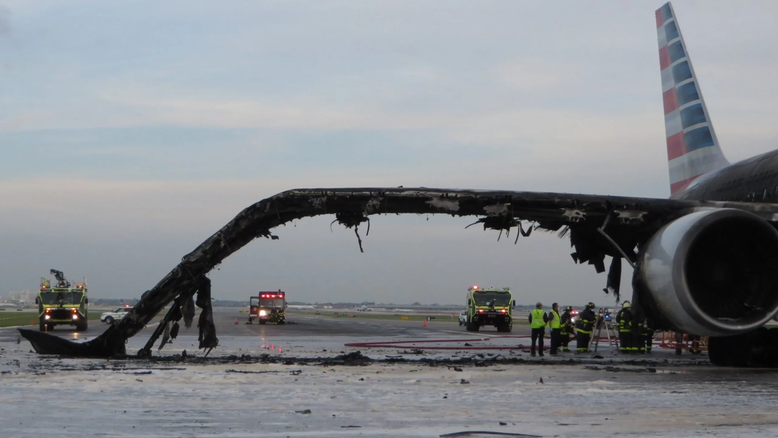 The aftermath of a 2016 fire on a runway at O’Hare Airport. A firefighting foam with a toxic chemical was used to douse flames from the American Airlines plane.